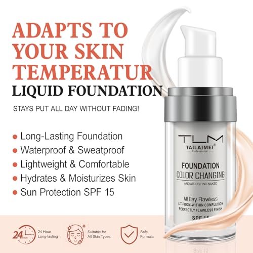 30ml Flawless Colour Changing Foundation - Warm Skin Tone, Moisturizing, Long Lasting Waterproof Liquid Foundation with SPF 15 - görsel 6