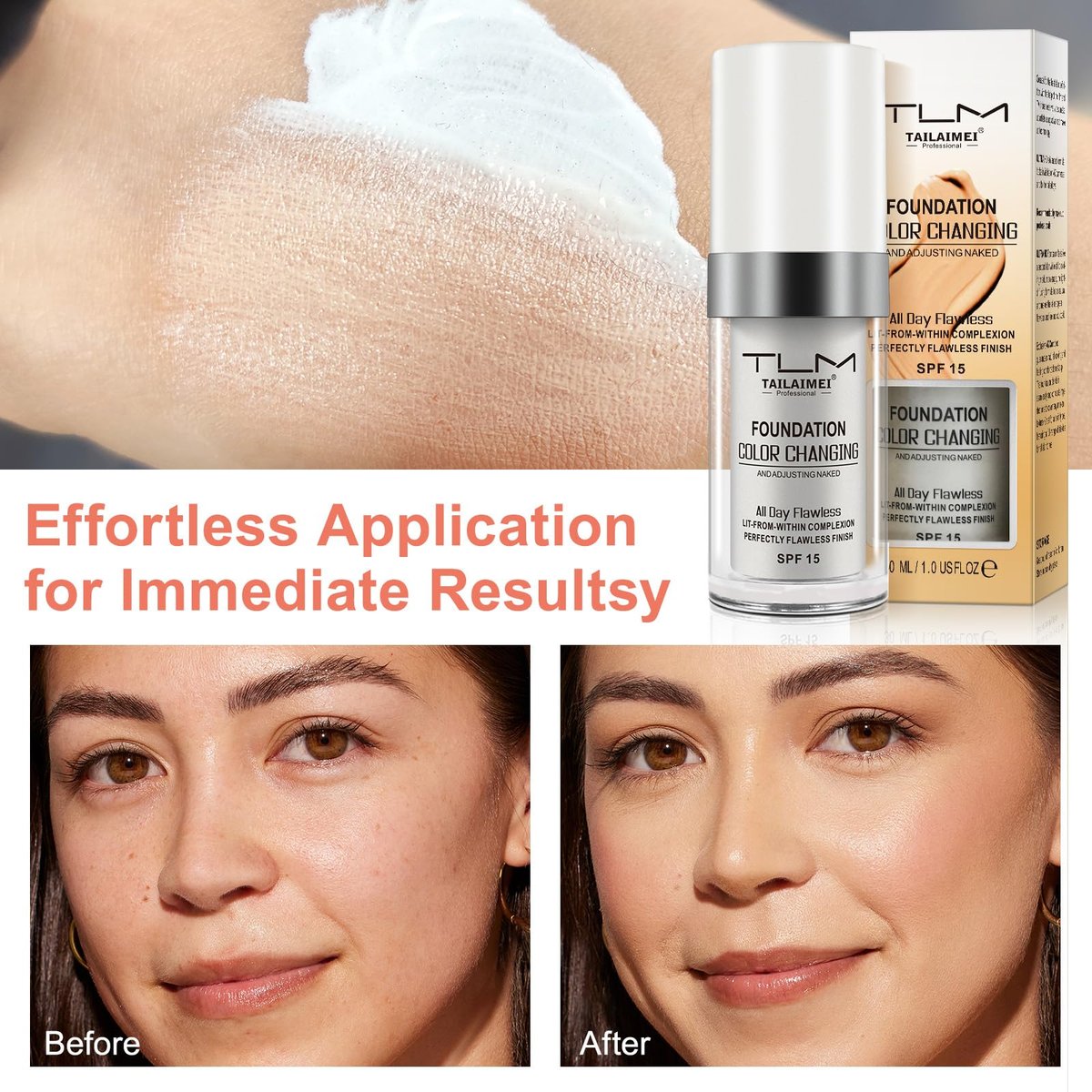 30ml Flawless Colour Changing Foundation - Warm Skin Tone, Moisturizing, Long Lasting Waterproof Liquid Foundation with SPF 15 - görsel 11