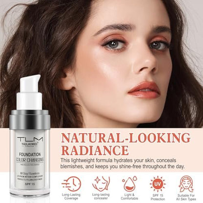 30ml Flawless Colour Changing Foundation - Warm Skin Tone, Moisturizing, Long Lasting Waterproof Liquid Foundation with SPF 15