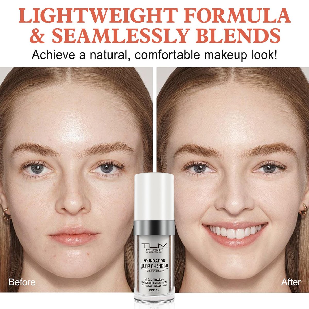 30ml Flawless Colour Changing Foundation - Warm Skin Tone, Moisturizing, Long Lasting Waterproof Liquid Foundation with SPF 15 - görsel 7