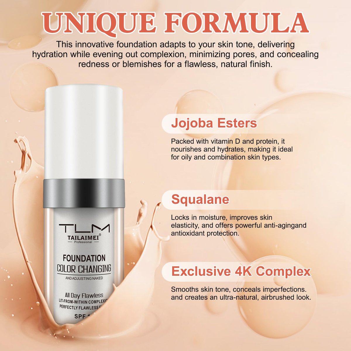 30ml Flawless Colour Changing Foundation - Warm Skin Tone, Moisturizing, Long Lasting Waterproof Liquid Foundation with SPF 15 - görsel 17