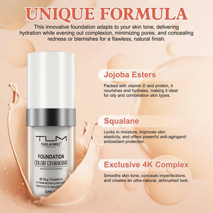 30ml Flawless Colour Changing Foundation - Warm Skin Tone, Moisturizing, Long Lasting Waterproof Liquid Foundation with SPF 15