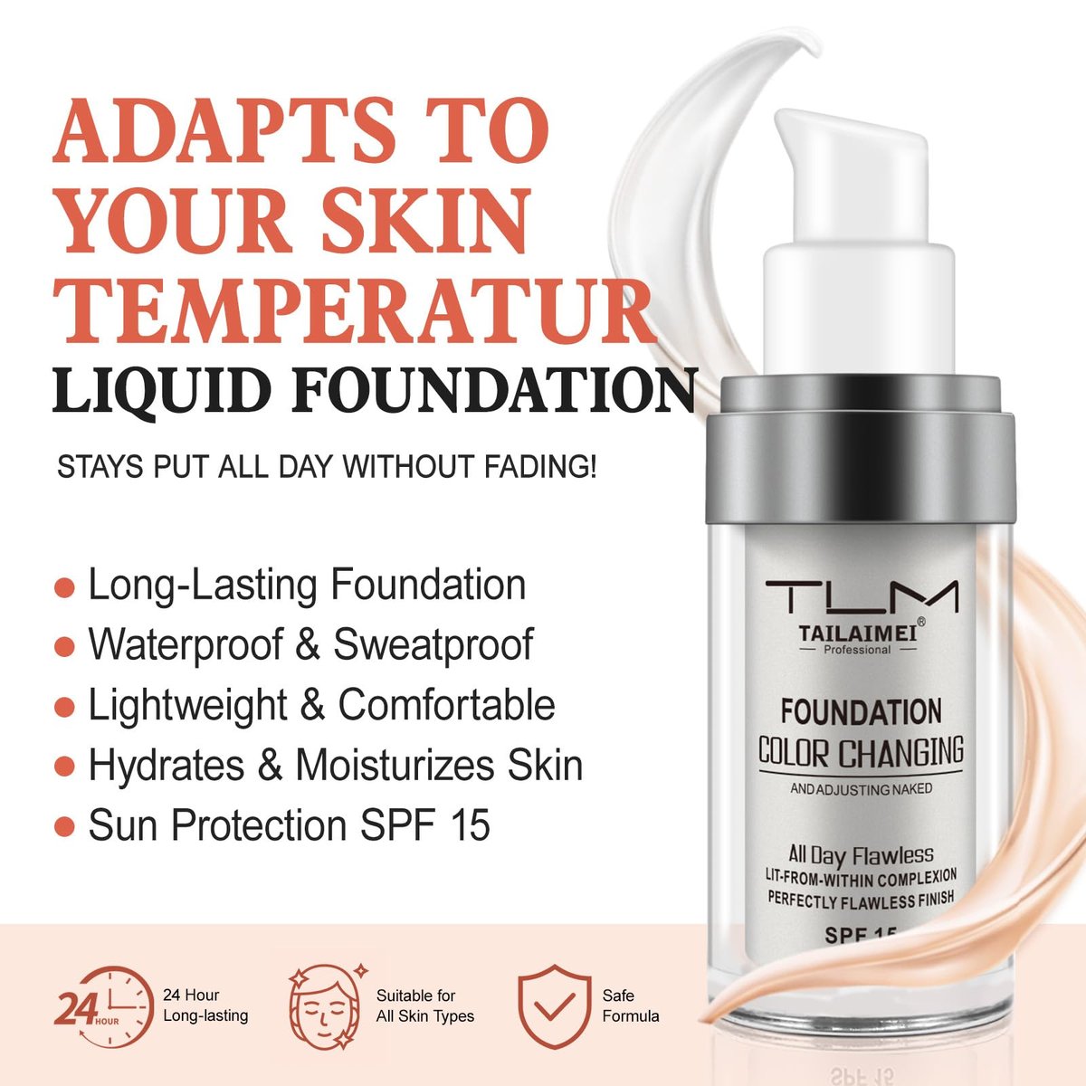 30ml Flawless Colour Changing Foundation - Warm Skin Tone, Moisturizing, Long Lasting Waterproof Liquid Foundation with SPF 15 - görsel 5