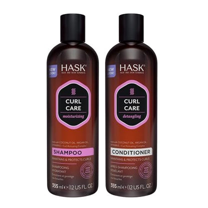 HASK Curl Care Shampoo and Conditioner Set with Coconut and Argan Oil for Curly Hair - Sulfate-Free, Paraben-Free, Gluten-Free, Vegan, Cruelty-Free, Color Safe - 12 oz Each