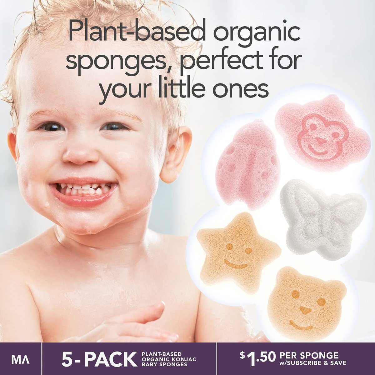 Konjac Baby Sponge Set - 5 Cute Shapes for Gentle Bathing (Bear, Monkey, Butterfly, Ladybug, Star) - görsel 4