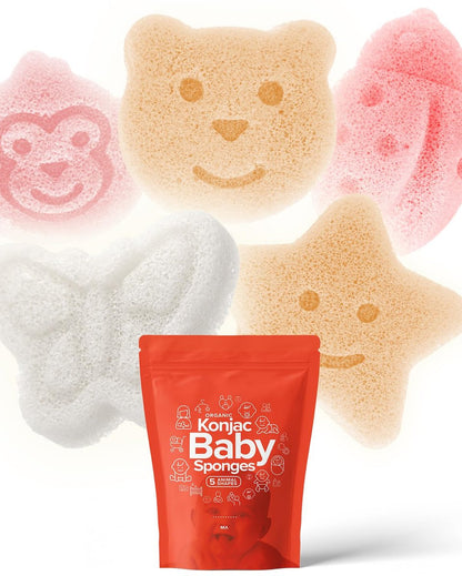 Konjac Baby Sponge Set - 5 Cute Shapes for Gentle Bathing (Bear, Monkey, Butterfly, Ladybug, Star)