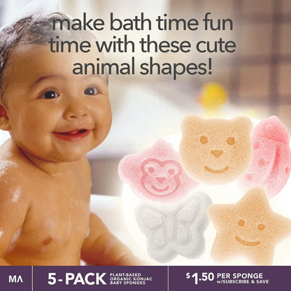 Konjac Baby Sponge Set - 5 Cute Shapes for Gentle Bathing (Bear, Monkey, Butterfly, Ladybug, Star)