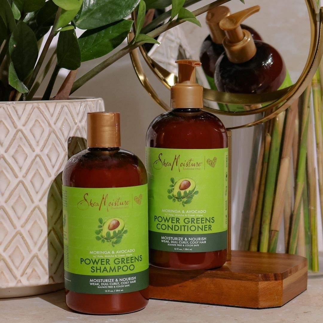 SheaMoisture Power Greens Curly Hair Shampoo and Conditioner Set with Moringa & Avocado, 13 oz Each (Pack of 2) - Moisturizing for Dry Hair Avelisse