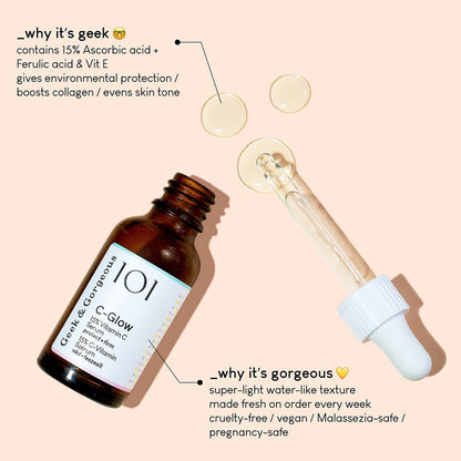 C-Glow 15% Vitamin C Serum with Ferulic Acid & Vitamin E – Lightweight, Water-Like Formula for All Skin Types