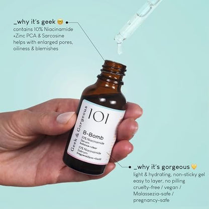 Geek & Gorgeous B-Bomb 10% Niacinamide Serum with Zinc PCA & Sarcosine – Minimize Pores, Control Oil, Reduce Blemishes for Combination Skin (1 fl oz)