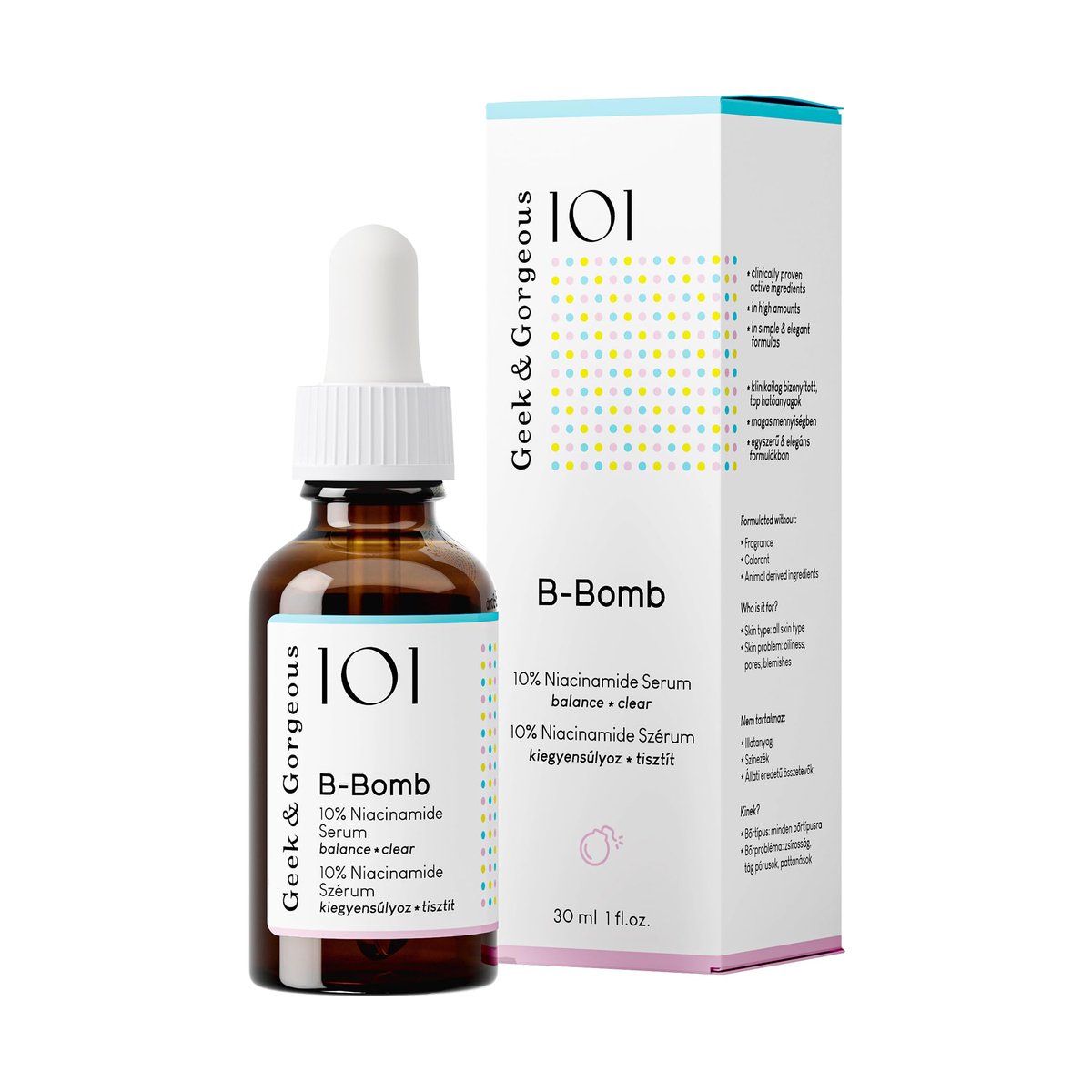 Geek & Gorgeous B-Bomb 10% Niacinamide Serum with Zinc PCA & Sarcosine – Minimize Pores, Control Oil, Reduce Blemishes for Combination Skin (1 fl oz) - görsel 1