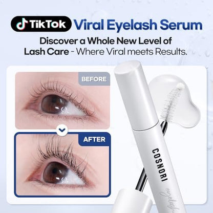 COSNORI Long Active Eyelash Serum - Korean Eyelash Boost Serum for Longer, Thicker Lashes & Brows - Vegan, Prostaglandin-Free, Non-Irritating with Peptides & Hyaluronic Acid - 0.3 fl oz