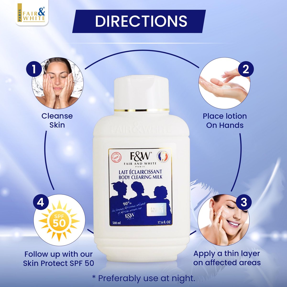 F&W Original Body Clearing Milk - 17 fl oz, Hydrating Dry Skin Moisturizer for Fair Skin Tones Avelisse