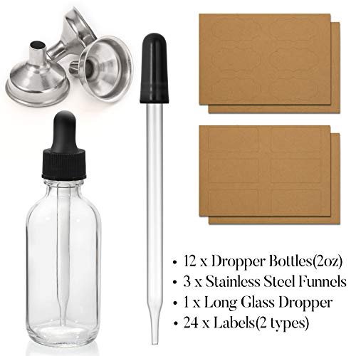 12 Pack 2 oz Glass Eye Dropper Bottles with 3 Stainless Steel Funnels & 1 Long Pipette Dropper & 24 Labels - 60ml Clear Tincture Bottles for Essential Oils, Liquids - Leakproof Travel Essential Bottles Avelisse