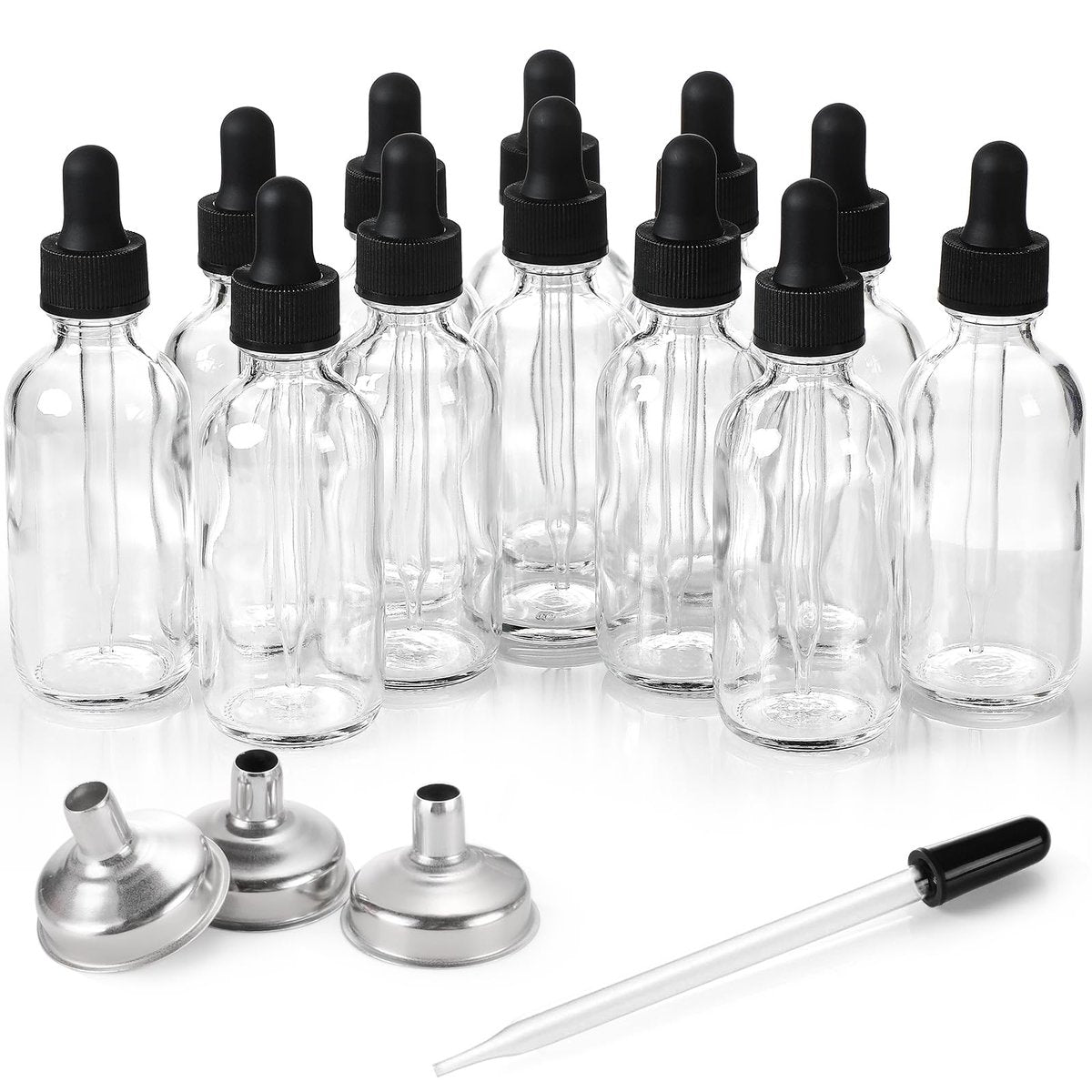 12 Pack 2 oz Glass Eye Dropper Bottles with 3 Stainless Steel Funnels & 1 Long Pipette Dropper & 24 Labels - 60ml Clear Tincture Bottles for Essential Oils, Liquids - Leakproof Travel Essential Bottles Avelisse