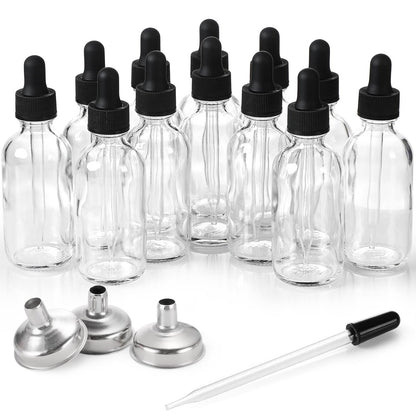 12 Pack 2 oz Glass Eye Dropper Bottles with 3 Stainless Steel Funnels & 1 Long Pipette Dropper & 24 Labels - 60ml Clear Tincture Bottles for Essential Oils, Liquids - Leakproof Travel Essential Bottles Avelisse
