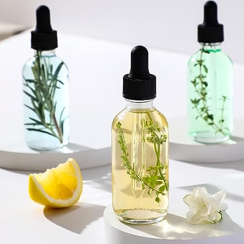12 Pack 2 oz Glass Eye Dropper Bottles with 3 Stainless Steel Funnels & 1 Long Pipette Dropper & 24 Labels - 60ml Clear Tincture Bottles for Essential Oils, Liquids - Leakproof Travel Essential Bottles Avelisse