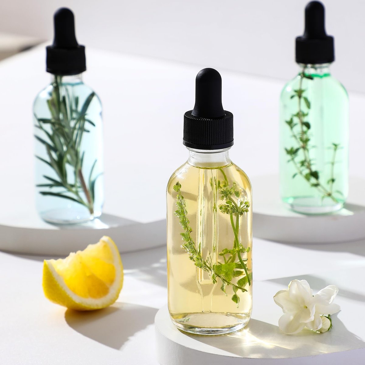 12 Pack 2 oz Glass Eye Dropper Bottles with 3 Stainless Steel Funnels & 1 Long Pipette Dropper & 24 Labels - 60ml Clear Tincture Bottles for Essential Oils, Liquids - Leakproof Travel Essential Bottles Avelisse