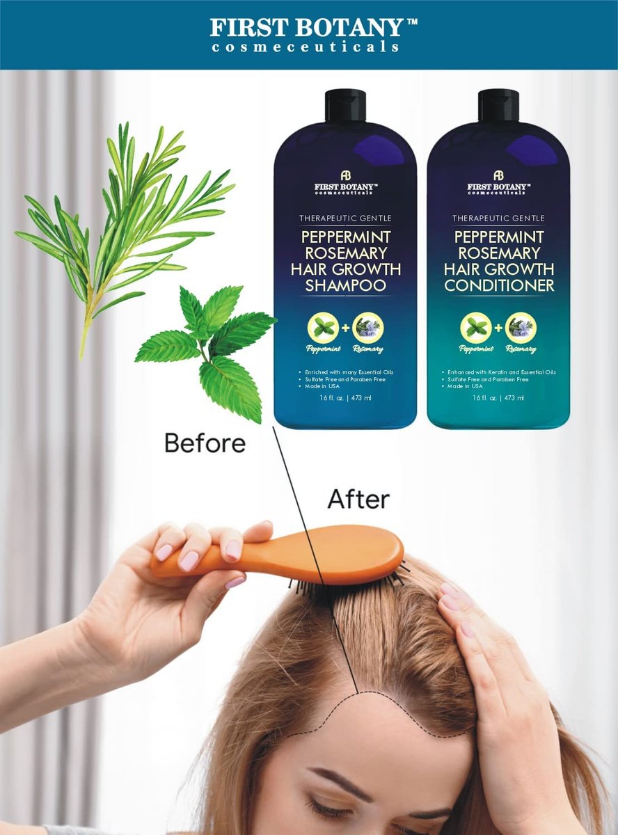 First Botany Peppermint Rosemary Hair Regrowth & Anti Hair Loss Shampoo and Conditioner Set - Daily Hydrating, Detoxifying, Volumizing for Men and Women, 16 fl oz x 2 Avelisse