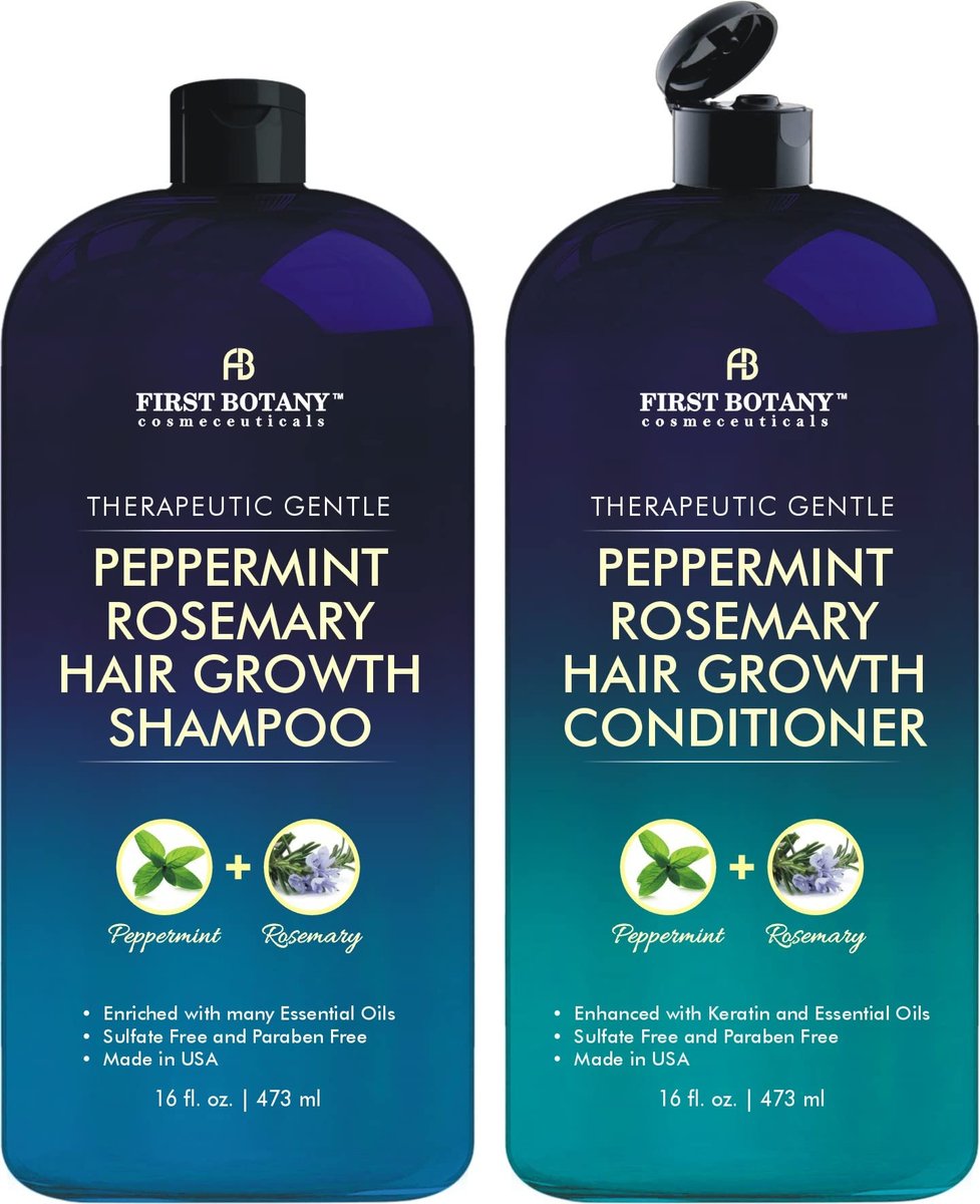 First Botany Peppermint Rosemary Hair Regrowth & Anti Hair Loss Shampoo and Conditioner Set - Daily Hydrating, Detoxifying, Volumizing for Men and Women, 16 fl oz x 2 Avelisse