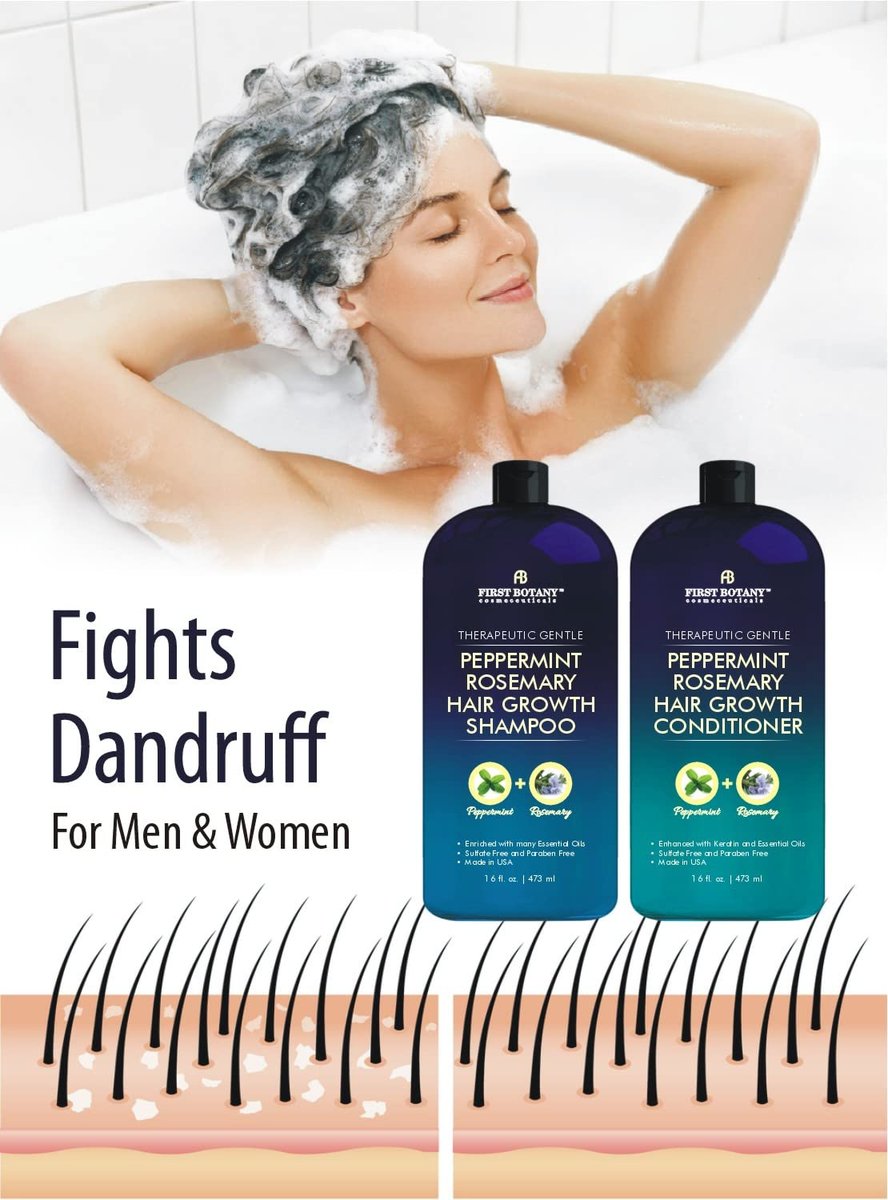 First Botany Peppermint Rosemary Hair Regrowth & Anti Hair Loss Shampoo and Conditioner Set - Daily Hydrating, Detoxifying, Volumizing for Men and Women, 16 fl oz x 2 Avelisse