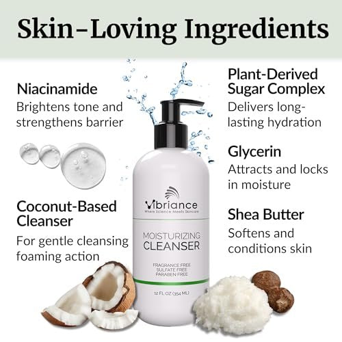 Vibriance Moisturizing Cleanser - Oil-to-Foam Face Wash with Niacinamide & Shea Butter for Mature Skin, Hydrating Gentle Facial Cleanser, Sulfate-Free, 12 fl oz Avelisse
