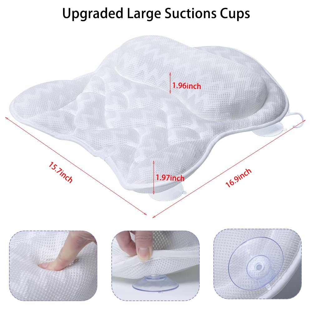 Fitheaven Bath Pillow for Bathtub - Neck, Head & Back Support with Strong Non-Slip Suction Cups & Comfortable 3D AirMesh - White Avelisse
