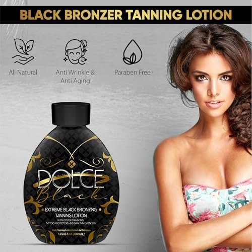 Dolce Black Bronzer Tanning Lotion – Indoor/Outdoor with Tattoo & Color Fade Protection, Anti-Orange, Anti-Aging & Anti-Wrinkle, Natural Tanning Bed Lotion, 13.5 oz Avelisse