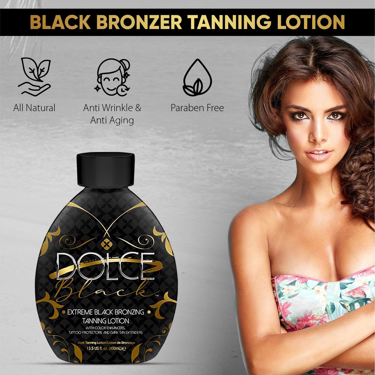 Dolce Black Bronzer Tanning Lotion – Indoor/Outdoor with Tattoo & Color Fade Protection, Anti-Orange, Anti-Aging & Anti-Wrinkle, Natural Tanning Bed Lotion, 13.5 oz Avelisse