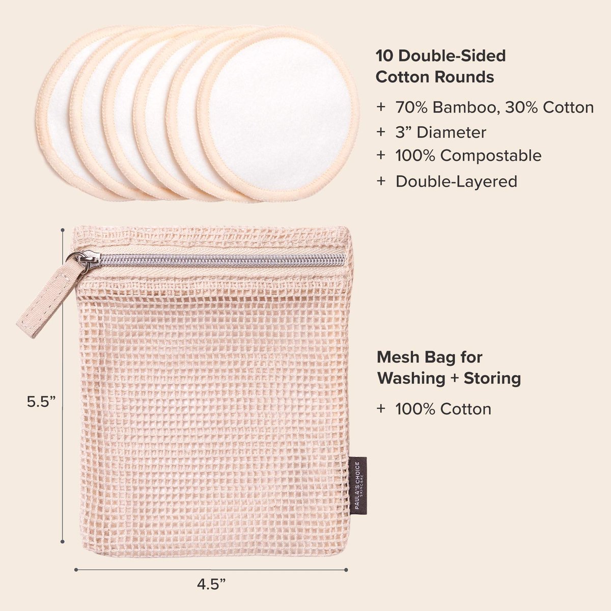 Paula's Choice Reusable Makeup Remover Pads – Eco-Friendly Cotton & Bamboo Rounds with Washable Bag, 10 Count Avelisse