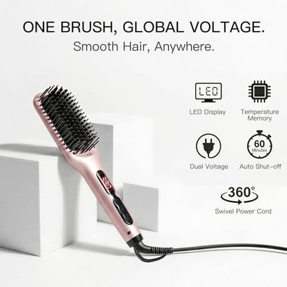 MEGAWISE Pro Ceramic Ionic Hair Straightener Brush - Fast 20s Heating, Auto-Off, Anti-Scald, Dual Voltage, Rotatable Cord (Pink) Avelisse