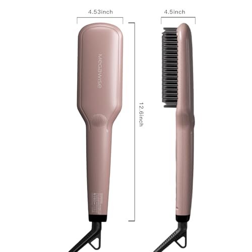 MEGAWISE Pro Ceramic Ionic Hair Straightener Brush - Fast 20s Heating, Auto-Off, Anti-Scald, Dual Voltage, Rotatable Cord (Pink) Avelisse