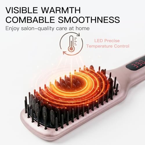 MEGAWISE Pro Ceramic Ionic Hair Straightener Brush - Fast 20s Heating, Auto-Off, Anti-Scald, Dual Voltage, Rotatable Cord (Pink) Avelisse