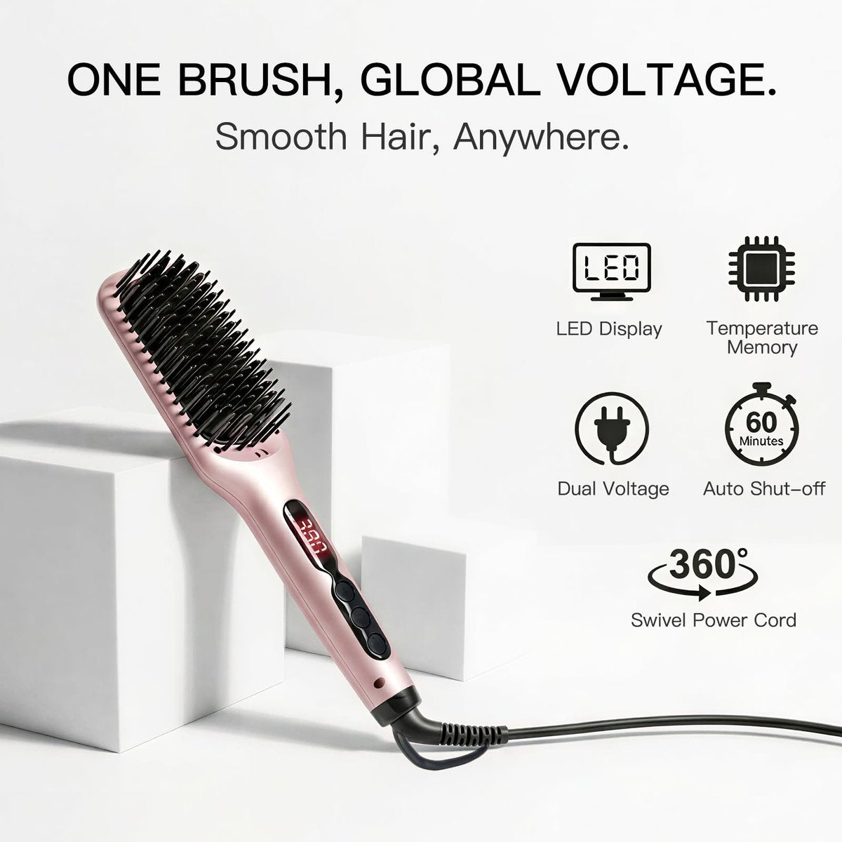 MEGAWISE Pro Ceramic Ionic Hair Straightener Brush - Fast 20s Heating, Auto-Off, Anti-Scald, Dual Voltage, Rotatable Cord (Pink) Avelisse