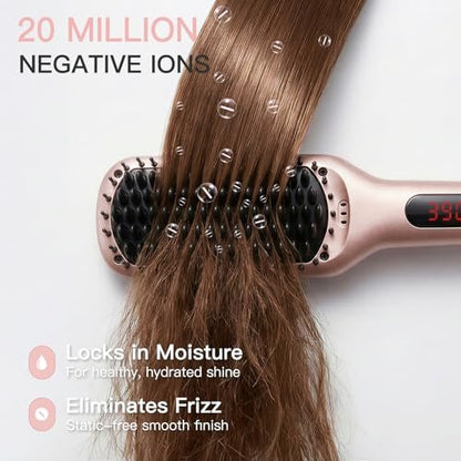 MEGAWISE Pro Ceramic Ionic Hair Straightener Brush - Fast 20s Heating, Auto-Off, Anti-Scald, Dual Voltage, Rotatable Cord (Pink) Avelisse