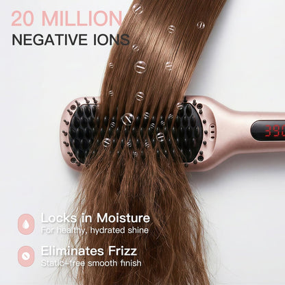 MEGAWISE Pro Ceramic Ionic Hair Straightener Brush - Fast 20s Heating, Auto-Off, Anti-Scald, Dual Voltage, Rotatable Cord (Pink) Avelisse