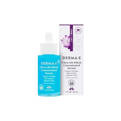 DERMA E Ultra Lift DMAE Concentrated Serum – All Natural Skin Firming Serum with Copper Peptides & Resveratrol – Hydrating Facial Serum, 1 oz
