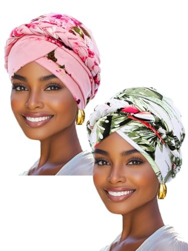 Woeoe Printed Turban - Flower Pretied Hair Turbans for Women (Pink, 2 Count) - görsel 2