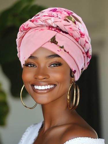 Woeoe Printed Turban - Flower Pretied Hair Turbans for Women (Pink, 2 Count)
