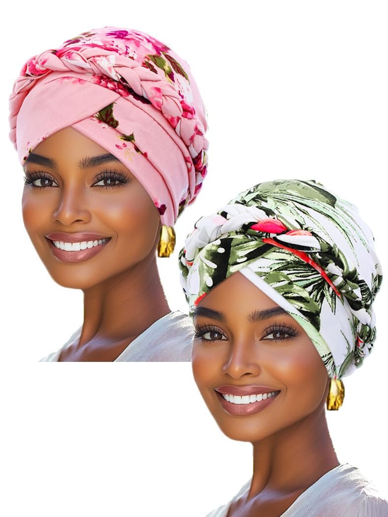 Woeoe Printed Turban - Flower Pretied Hair Turbans for Women (Pink, 2 Count) - görsel 1