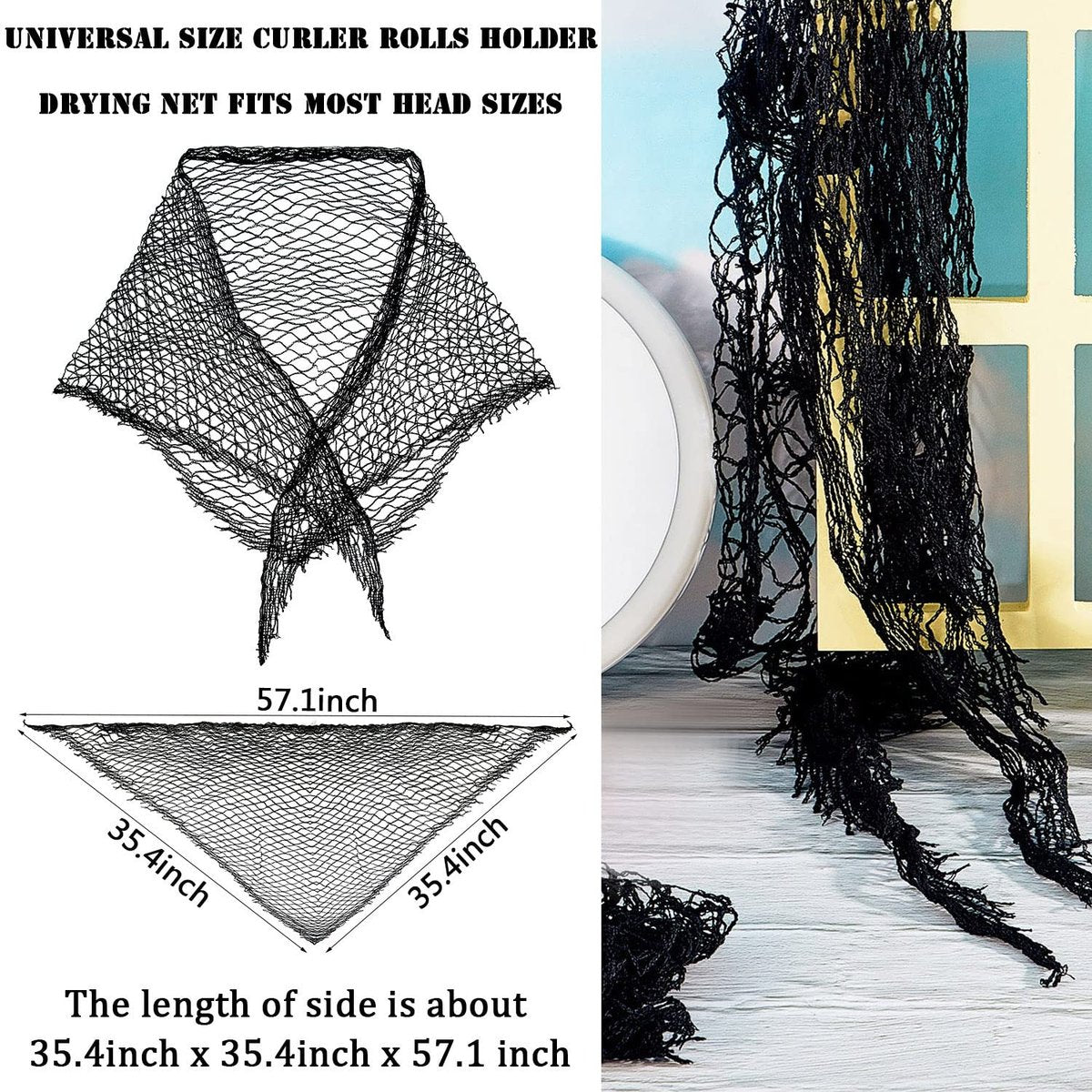 Chuangdi 2-Piece Cotton Triangle Hair Net for Rollers - Black, 35x35x57 Inches - Women's Mesh Net for Sleeping & Setting Avelisse