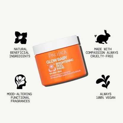 Pacifica Glow Baby Brightening Peel Pads 10% AHA + BHA Exfoliating Face Pads for Glowing Skin – Resurfacing Glycolic Acid & Salicylic Acid Pads to Smooth Texture & Minimize Pores – Fragrance Free, 60 Count