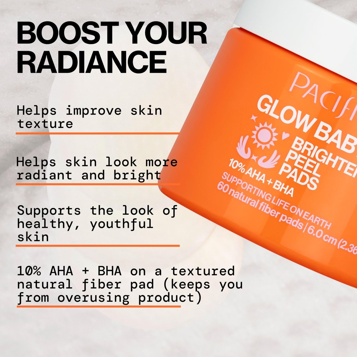 Pacifica Glow Baby Brightening Peel Pads 10% AHA + BHA Exfoliating Face Pads for Glowing Skin – Resurfacing Glycolic Acid & Salicylic Acid Pads to Smooth Texture & Minimize Pores – Fragrance Free, 60 Count - görsel 9