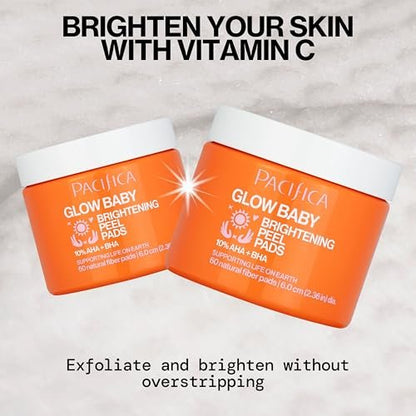Pacifica Glow Baby Brightening Peel Pads 10% AHA + BHA Exfoliating Face Pads for Glowing Skin – Resurfacing Glycolic Acid & Salicylic Acid Pads to Smooth Texture & Minimize Pores – Fragrance Free, 60 Count