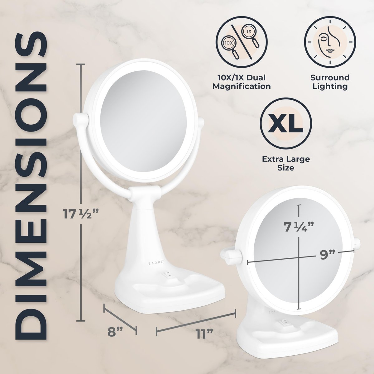 Zadro 11" Fluorescent Lighted Makeup Mirror with 10X/1X Magnification and Tray Avelisse