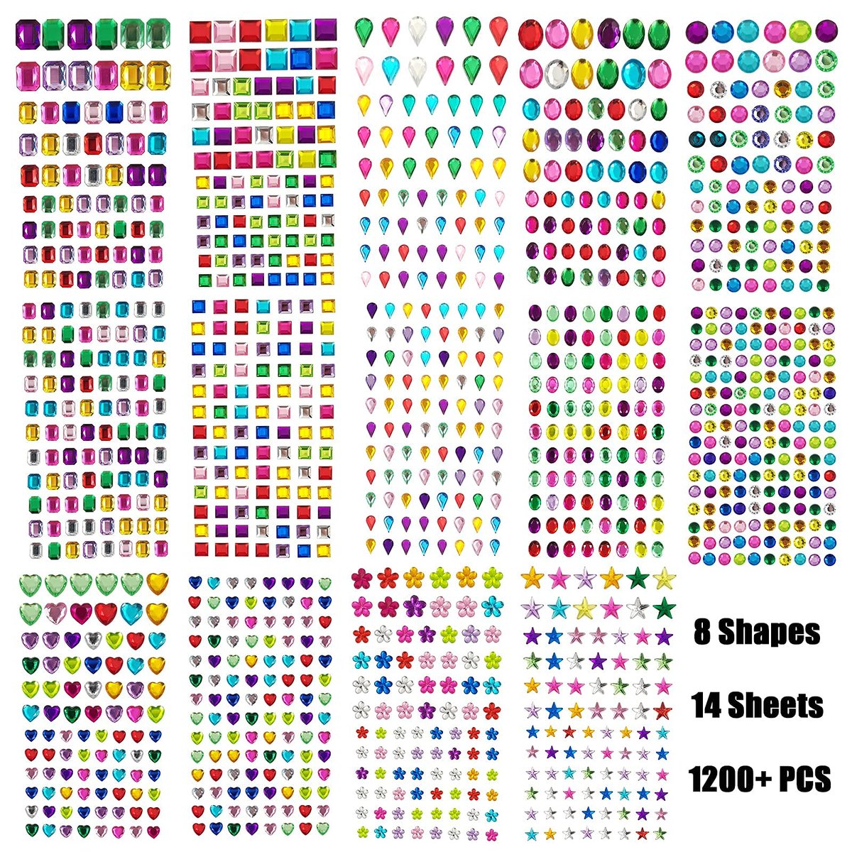 1200+ PCS Self Adhesive Gems Stickers - 14 Sheets Rhinestone Stickers for DIY Craft, 8 Shapes Sparkle Jewels for Nail Body Makeup Festival - görsel 3