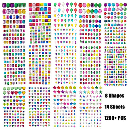 1200+ PCS Self Adhesive Gems Stickers - 14 Sheets Rhinestone Stickers for DIY Craft, 8 Shapes Sparkle Jewels for Nail Body Makeup Festival