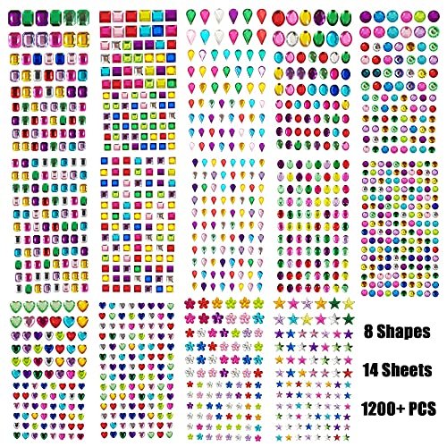 1200+ PCS Self Adhesive Gems Stickers - 14 Sheets Rhinestone Stickers for DIY Craft, 8 Shapes Sparkle Jewels for Nail Body Makeup Festival - görsel 4