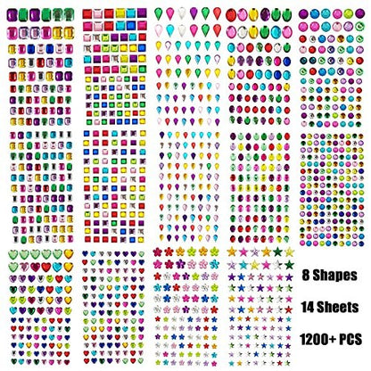 1200+ PCS Self Adhesive Gems Stickers - 14 Sheets Rhinestone Stickers for DIY Craft, 8 Shapes Sparkle Jewels for Nail Body Makeup Festival