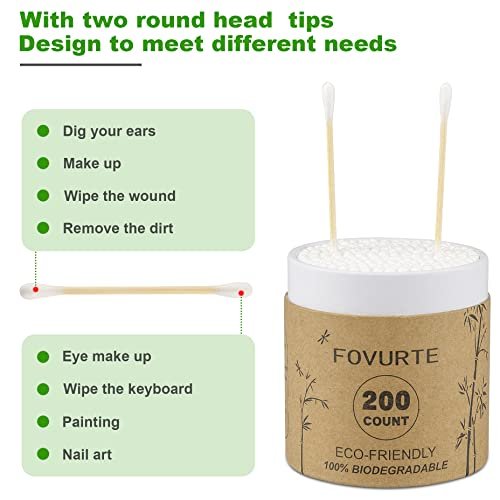 FOVURTE Bamboo Cotton Swabs 400 Count, Organic Cotton Swab Round Tips, Natural Wooden Cotton Buds for Ears, Double Heads Ear Sticks Travel, Makeup Remover - görsel 6